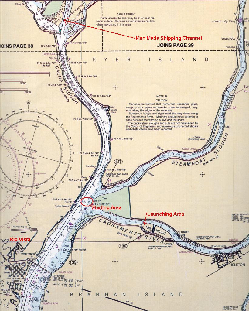 Chart of beginning of Dinghy Delta Ditch with labels